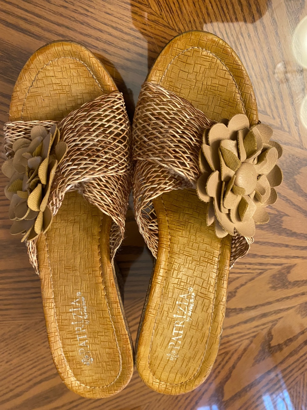 Woven Slide Mules with Floral Accent in Tan